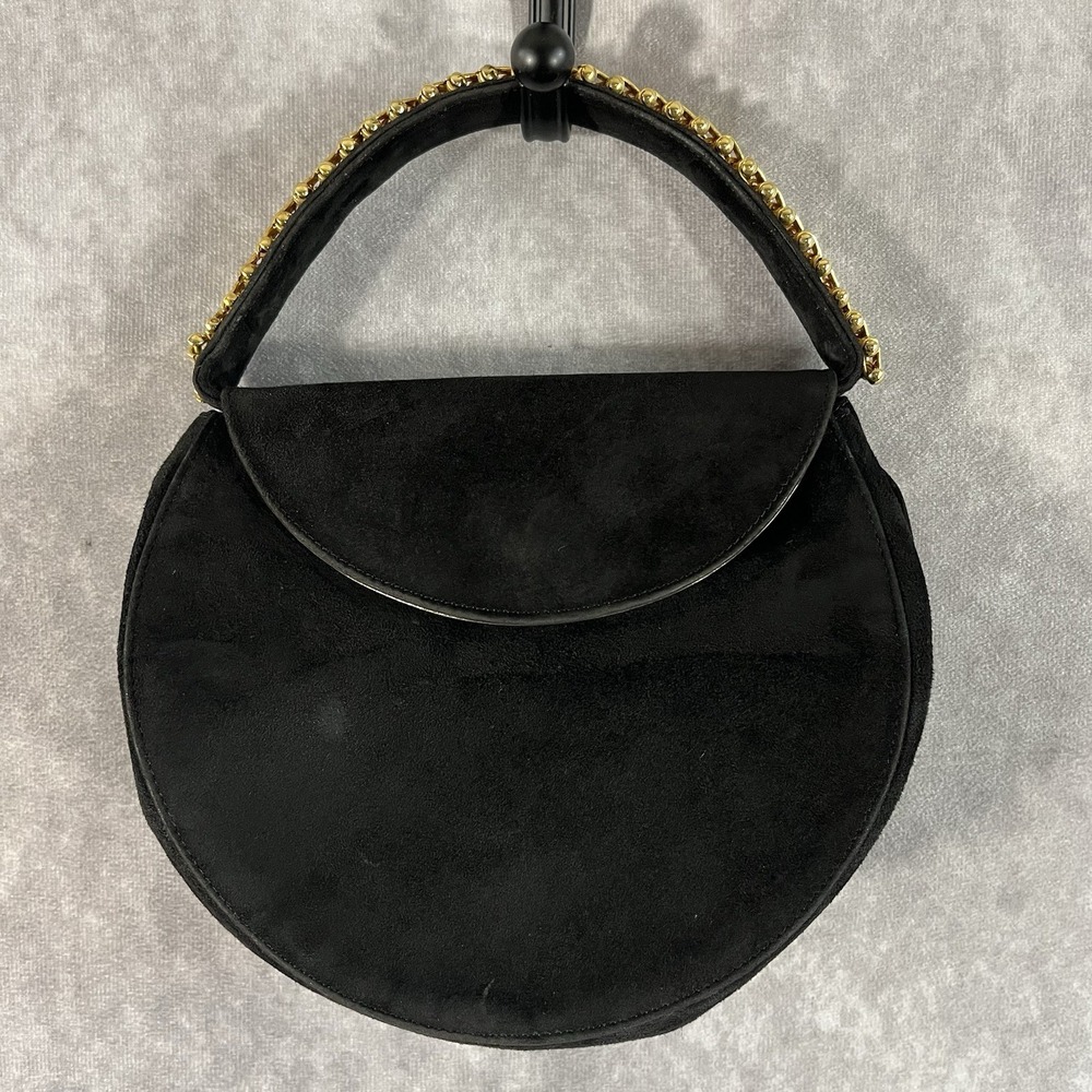 Pam Italian Hand Bag Black Velvet Gold Metal Accent Handle Evening Small Purse